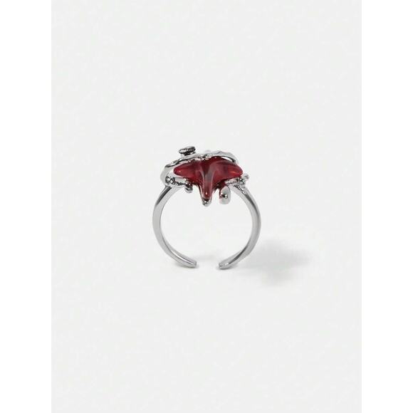 Goth Emo Punk Avante Garde Adjustable Silver Ring with Red Star Design - Picture 2 of 4